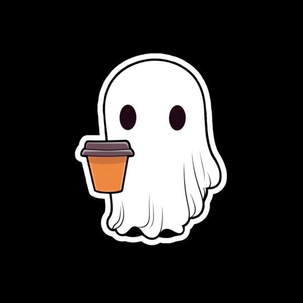 Ghost with a latte in hand sticker.