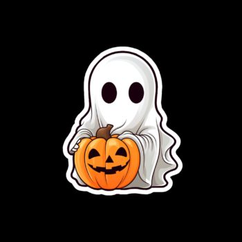 White ghost holding a jack o lantern sticker.