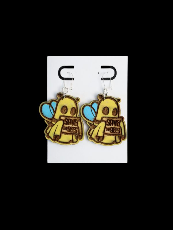 Bee Ghost Wood Earrings painted yellow and blue