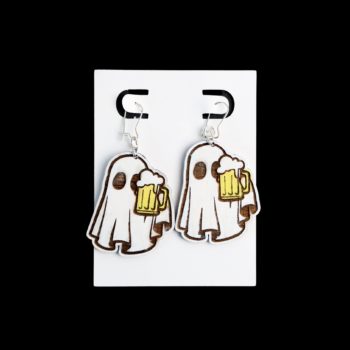 White ghost holding a beer earrings.