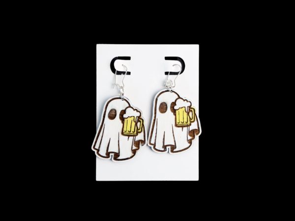 White ghost holding a beer earrings.