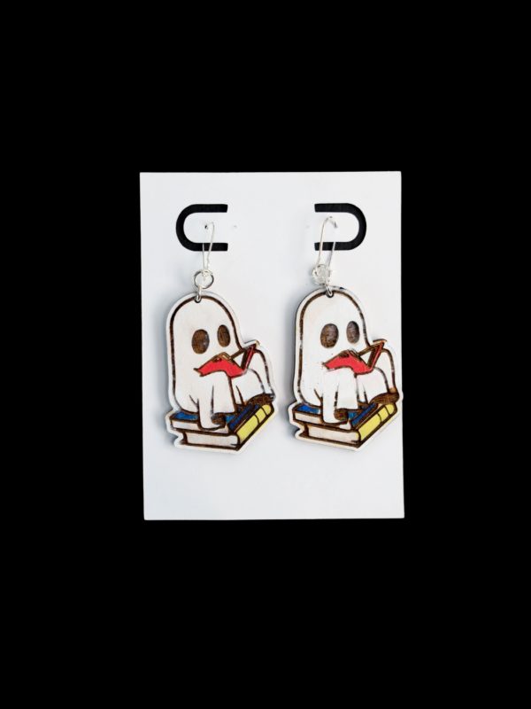 Ghost sitting on a stack of books earrings.