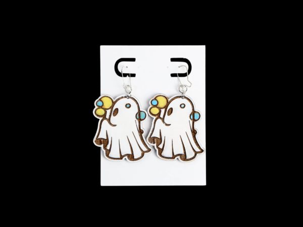 Ghost with bubbles wood earrings.