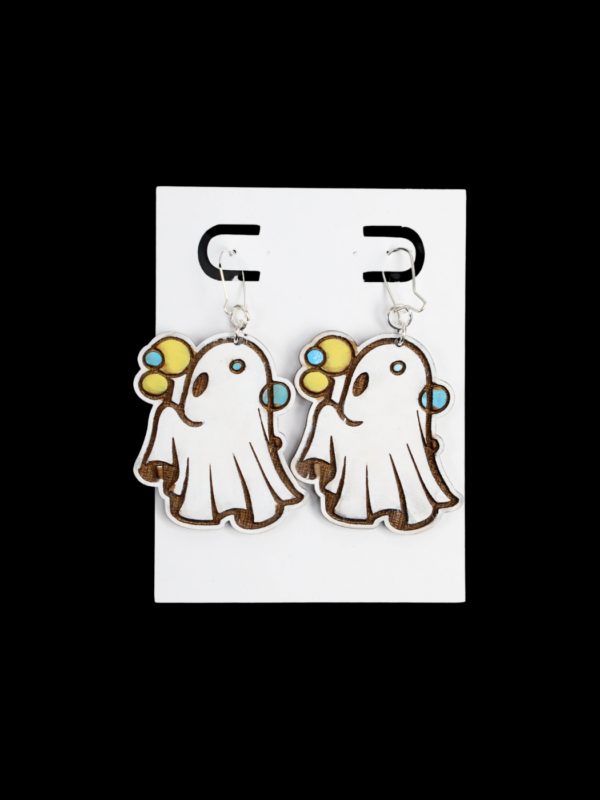 Ghost with bubbles wood earrings.