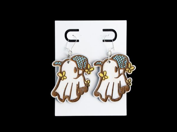 White ghost with yellow butterflies earrings.