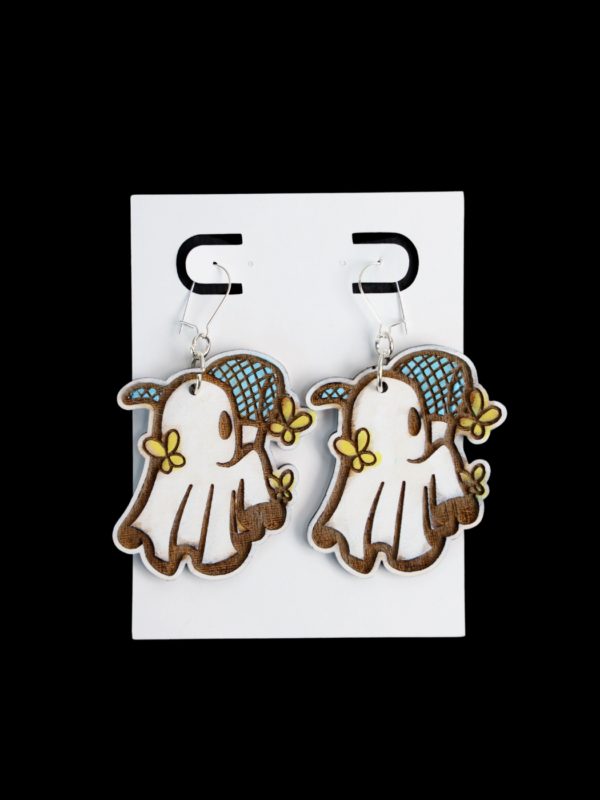 White ghost with yellow butterflies earrings.