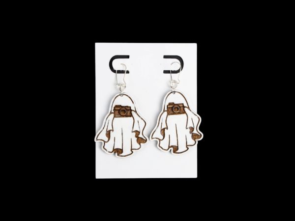 Ghost holding a camera wood earrings.