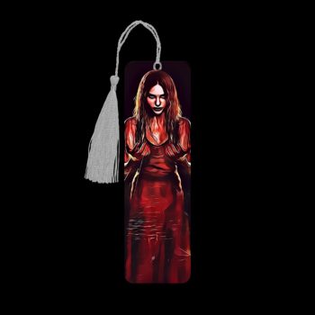 Carrie metal bookmark. The bookmark is metal with a silver tassel. The image is printed onto the top and is smooth and glossy.