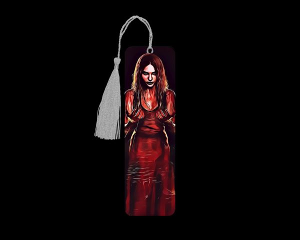 Carrie metal bookmark. The bookmark is metal with a silver tassel. The image is printed onto the top and is smooth and glossy.