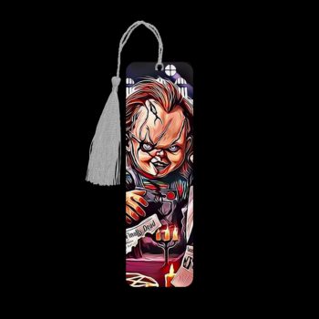 Chucky metal bookmark. The bookmark is metal with a silver tassel. The image is printed onto the top and is smooth and glossy.