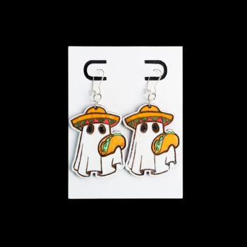 Ghost with sombrero and a taco wood earrings.