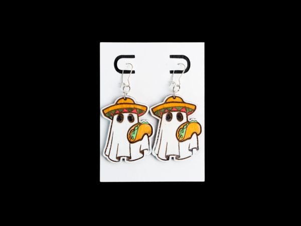 Ghost with sombrero and a taco wood earrings.