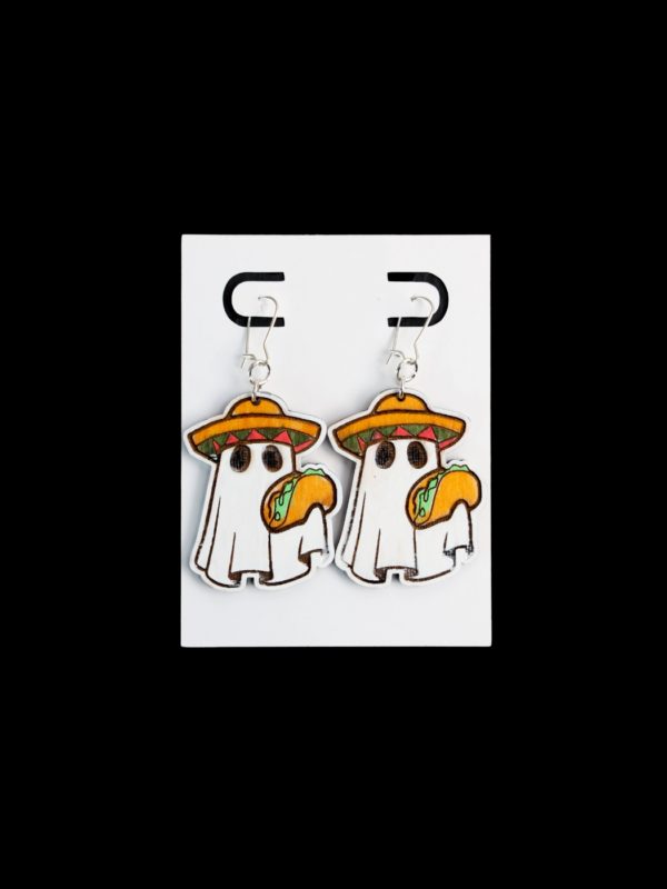 Ghost with sombrero and a taco wood earrings.