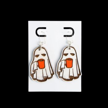 White ghost with orange coffee cup earrings.