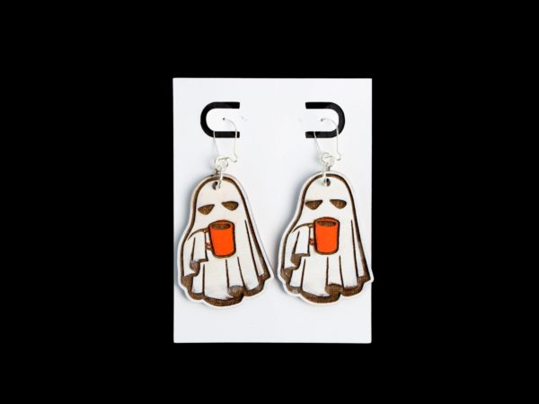 White ghost with orange coffee cup earrings.