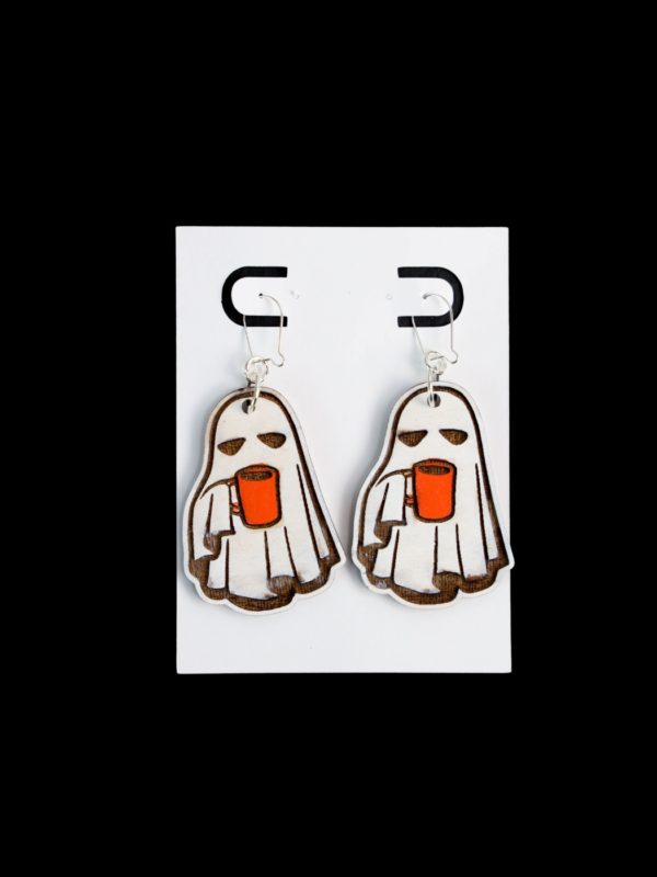 White ghost with orange coffee cup earrings.