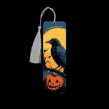 Crow Pumpkin metal bookmark. The bookmark is metal with a silver tassel. The image is printed onto the top and is smooth and glossy.