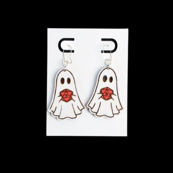 White ghost holding D&D dice earrings.