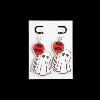 Ghost with red balloon that says dead inside wood earrings.