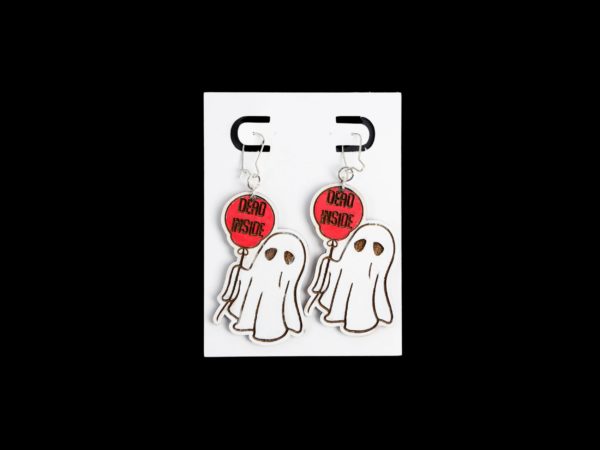 Ghost with red balloon that says dead inside wood earrings.