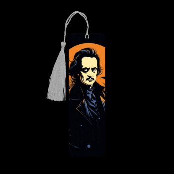 Edgar Allan Poe metal bookmark. The bookmark is metal with a silver tassel. The image is printed onto the top and is smooth and glossy.