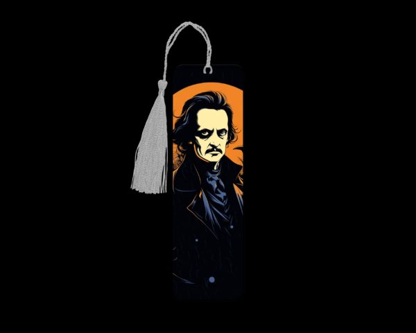 Edgar Allan Poe metal bookmark. The bookmark is metal with a silver tassel. The image is printed onto the top and is smooth and glossy.