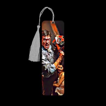 Evil Dead metal bookmark. The bookmark is metal with a silver tassel. The image is printed onto the top and is smooth and glossy. Features: 4.7″ x 1.3″ x 0.02″ Metal Bookmark Made Metal Aluminum Plate Colors may vary due to screen resolution. The bookmarks may be different slightly from the listing image as each are hand pressed.