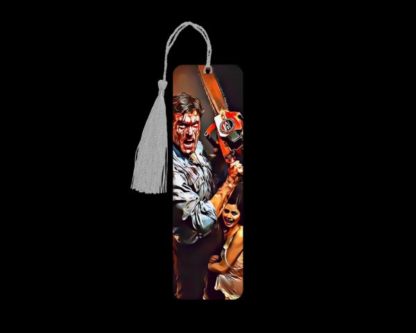 Evil Dead metal bookmark. The bookmark is metal with a silver tassel. The image is printed onto the top and is smooth and glossy. Features: 4.7″ x 1.3″ x 0.02″ Metal Bookmark Made Metal Aluminum Plate Colors may vary due to screen resolution. The bookmarks may be different slightly from the listing image as each are hand pressed.