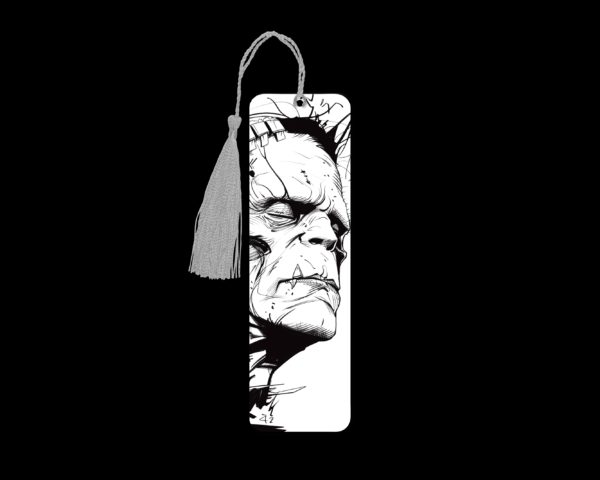 Frankenstein metal bookmark. The bookmark is metal with a silver tassel. The image is printed onto the top and is smooth and glossy. Features: 4.7″ x 1.3″ x 0.02″ Metal Bookmark Made Metal Aluminum Plate Colors may vary due to screen resolution. The bookmarks may be different slightly from the listing image as each are hand pressed.