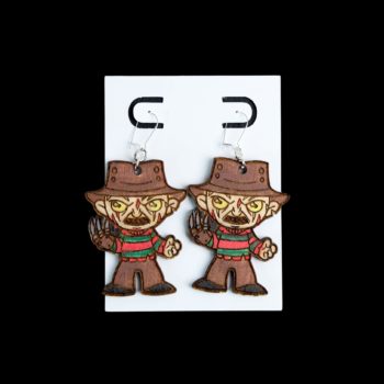 Freddy wood earrings with red and green.