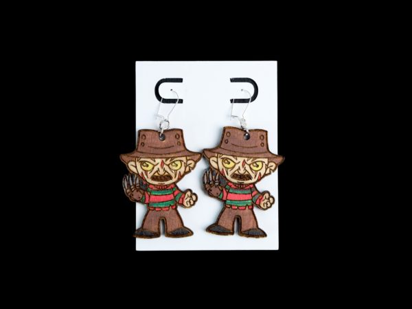 Freddy wood earrings with red and green.