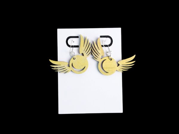 Golden Snitch wood earrings in a gold.