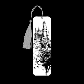 Hogwarts metal bookmark. The bookmark is metal with a silver tassel. The image is printed onto the top and is smooth and glossy. Features: 4.7″ x 1.3″ x 0.02″ Metal Bookmark Made Metal Aluminum Plate Colors may vary due to screen resolution. The bookmarks may be different slightly from the listing image as each are hand pressed.