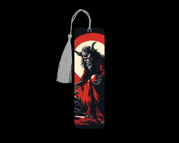 Krampus Christmas metal bookmark. The bookmark is metal with a silver tassel. The image is printed onto the top and is smooth and glossy. Features: 4.7″ x 1.3″ x 0.02″ Metal Bookmark Made Metal Aluminum Plate Colors may vary due to screen resolution. The bookmarks may be different slightly from the listing image as each are hand pressed.