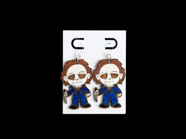 Michael myers wood earrings with blue.