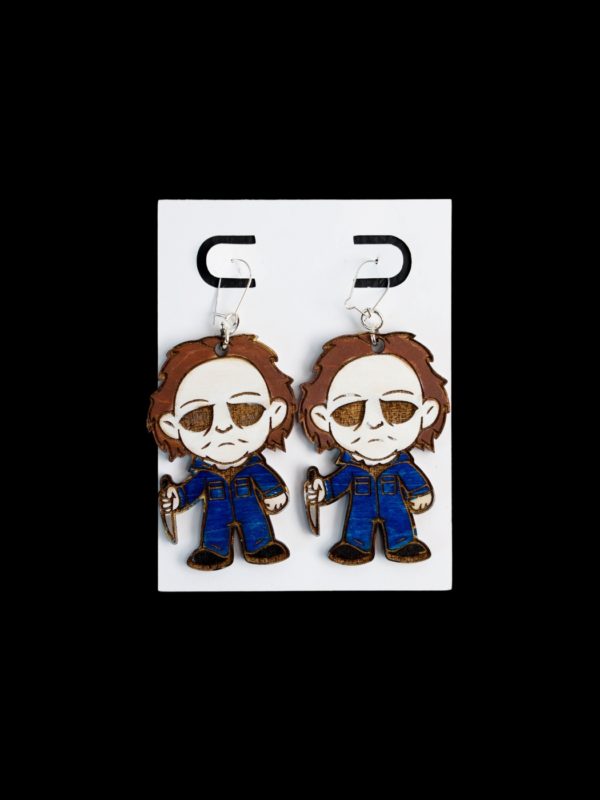 Michael myers wood earrings with blue.