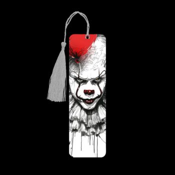 Pennywise metal bookmark. The bookmark is metal with a silver tassel. The image is printed onto the top and is smooth and glossy. Features: 4.7″ x 1.3″ x 0.02″ Metal Bookmark Made Metal Aluminum Plate Colors may vary due to screen resolution. The bookmarks may be different slightly from the listing image as each are hand pressed.