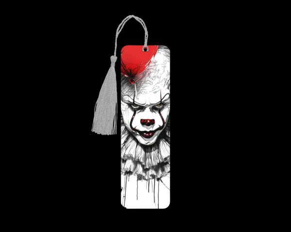 Pennywise metal bookmark. The bookmark is metal with a silver tassel. The image is printed onto the top and is smooth and glossy. Features: 4.7″ x 1.3″ x 0.02″ Metal Bookmark Made Metal Aluminum Plate Colors may vary due to screen resolution. The bookmarks may be different slightly from the listing image as each are hand pressed.