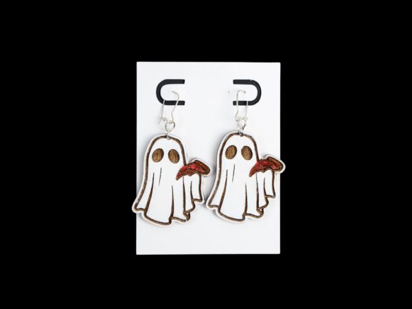 Ghost with a slice of pizza earrings.