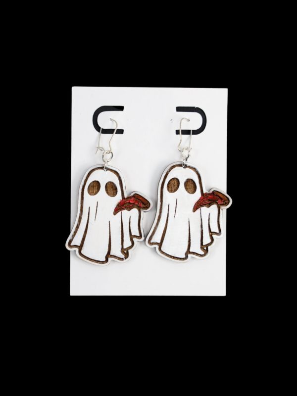 Ghost with a slice of pizza earrings.