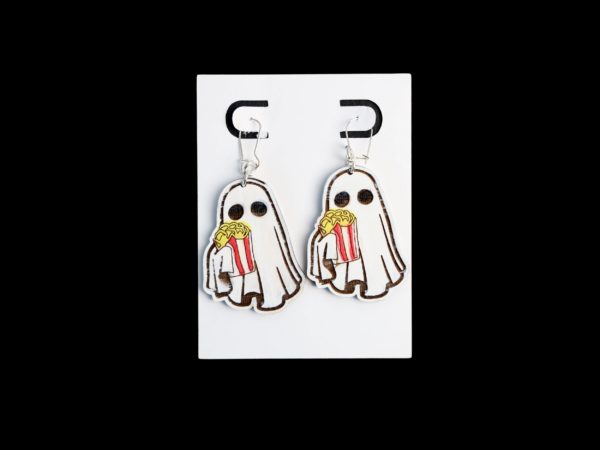 Ghost holding popcorn earrings.