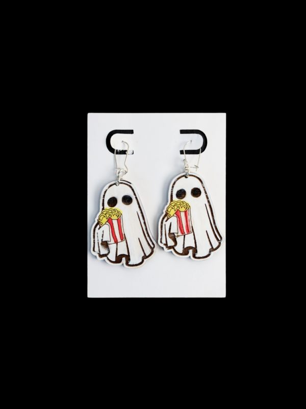 Ghost holding popcorn earrings.