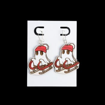 Sled Ghost earrings with a beanie and sled.