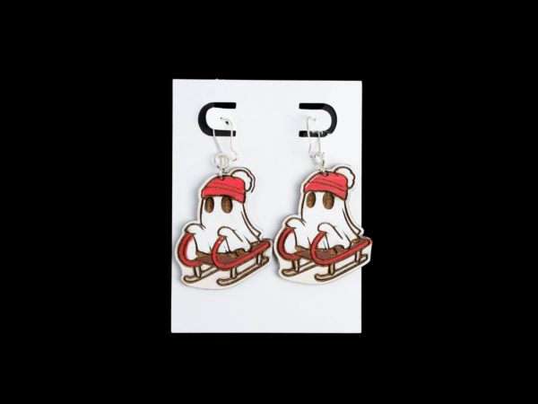 Sled Ghost earrings with a beanie and sled.