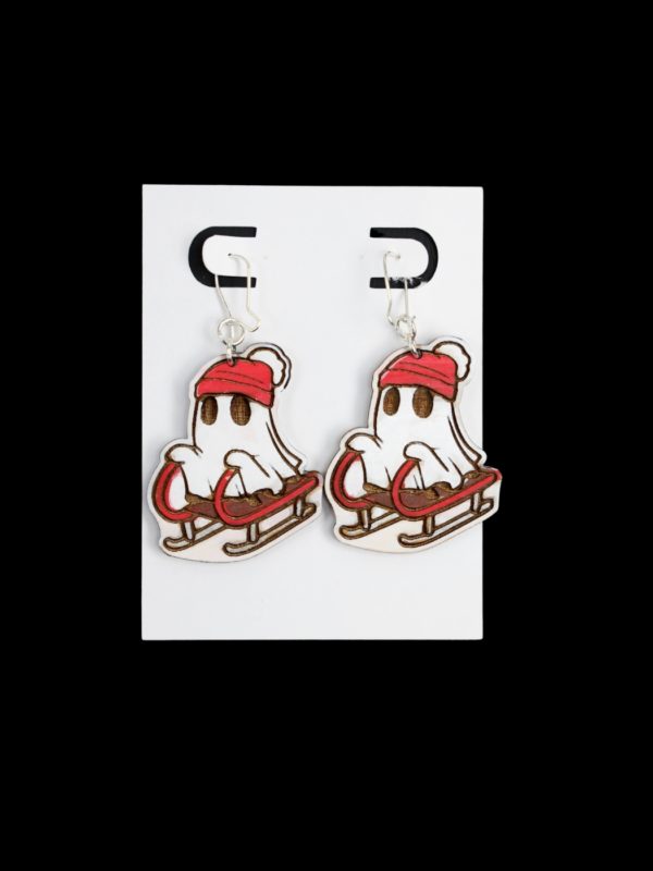 Sled Ghost earrings with a beanie and sled.