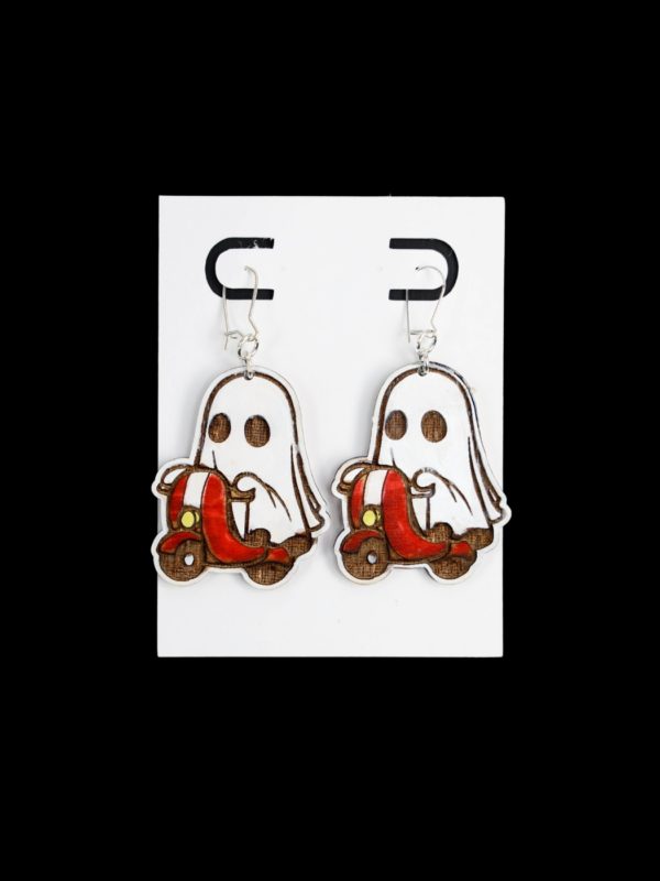 Ghost on red vespa wood earrings.