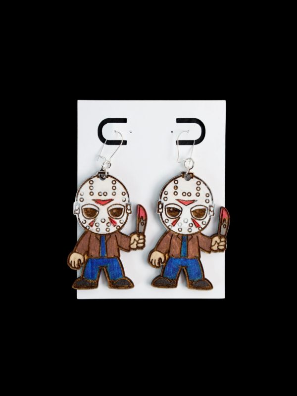 Voorhees earrings in red and blue with white hockey mask.