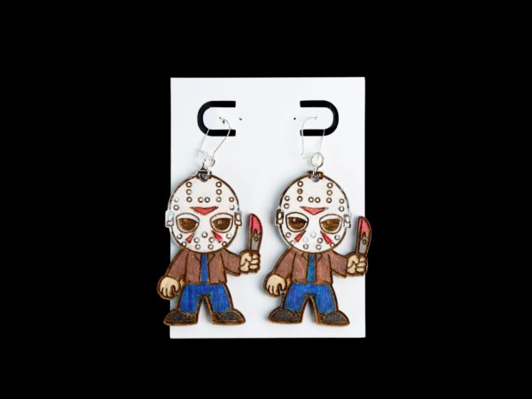 Voorhees earrings in red and blue with white hockey mask.