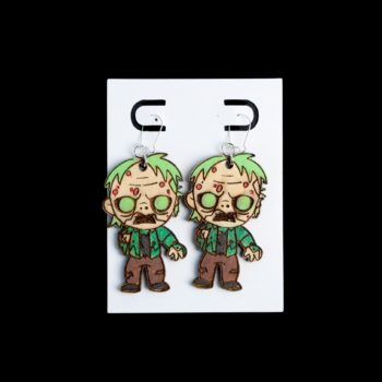 Zombie green earrings made of wood.