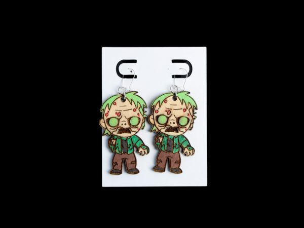 Zombie green earrings made of wood.